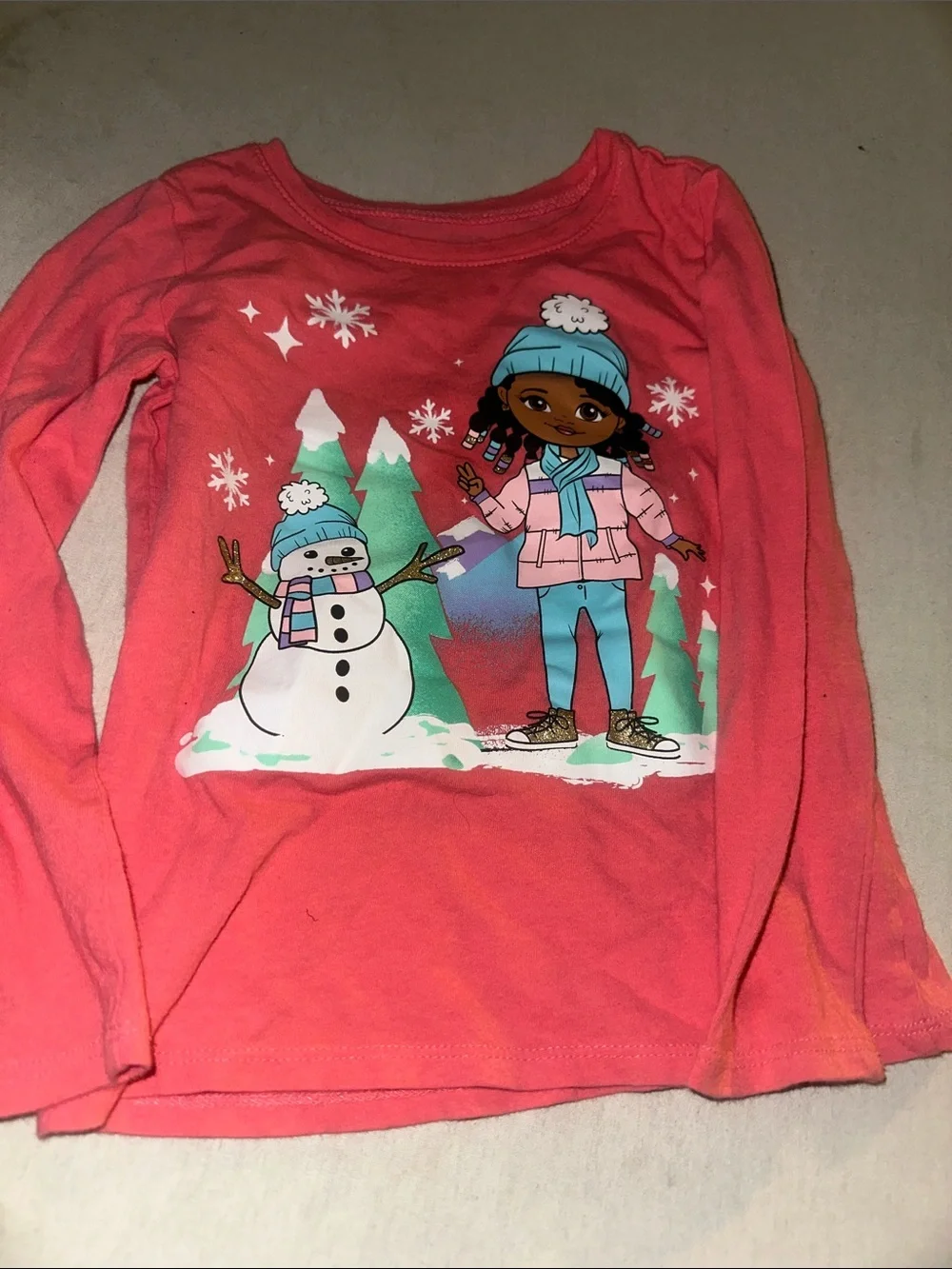 Kids Size 4T Childrens Place Coral Long-Sleeve Holiday Snowman Graphic Tee